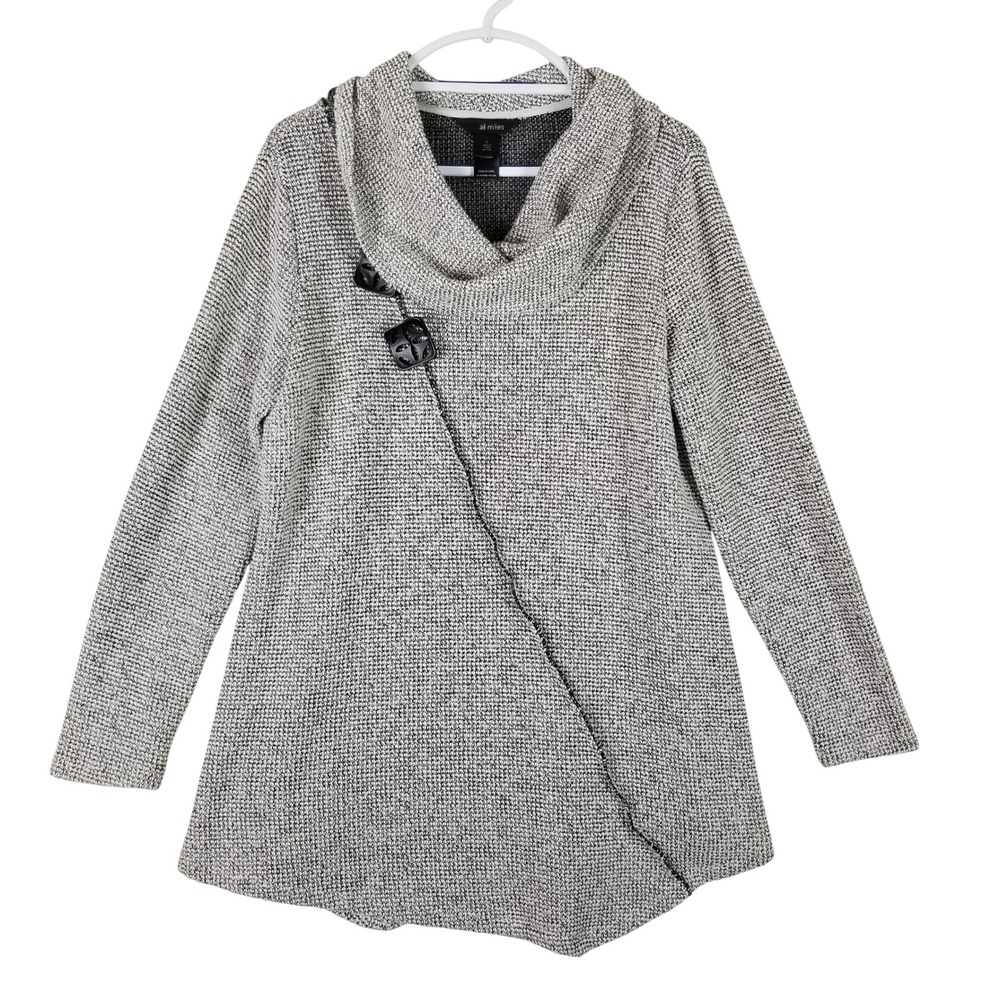 Ali Miles Tunic Sweater Women Size L Black White Cowl Neck Asymmetrical Wrap